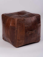Handmade Eco-Friendly Geometric Leather Pouf Brown Color Square 16" x 16" x 16" Buffalo Leather Pouf for Living Room, Bedroom Seating, Patio