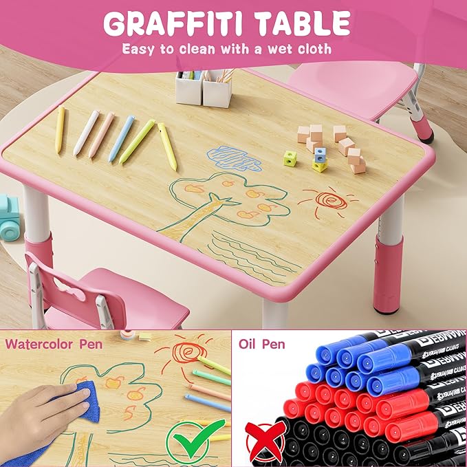 Brelley Kids Table and 2 Chairs Set, Height Adjustable Toddler Desk 31.5" L x 23.6" W and Chair Set, Graffiti Desktop, Classroom/Daycare/Home, Children Multi-Activity Table for Ages 2-8