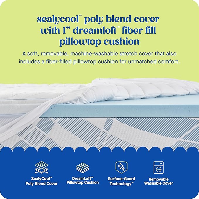 Sealy Dreamlife 3” Gel Memory Foam California King Mattress Topper with 1” Quilted Cooling Cover, SealyComfort Gel Foam, SealyCool Poly Blend Cover