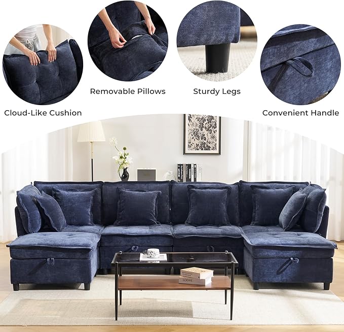 103" Modular Sectional Sofa, L-Shaped Corduroy Comfy Sectional Couches for Living Room, 3-Seater Cloud Couches with 1 Ottoman, Modern Deep Seat Sofa with Large Storage, Blue