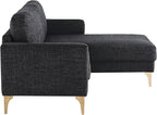 Studio Living® Matthew 83.5" Sofa Chaise, Mid-Century Modern, Pocket Coil Comfort, Reversable Chaise, Metal Brushed Bronze Legs, Chenille Fabric, Black