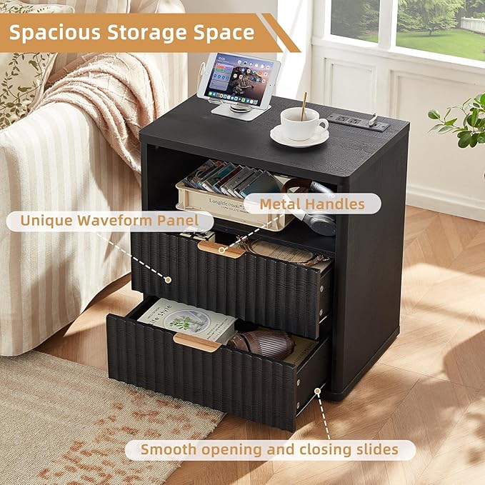 LEYAOYAO Fluted Farmhouse Nightstand Set of 2 with Charging Station, 23" Wide 2 Drawers End Table,Black Dresser for Bedroom,Bed Side Table Chest of Drawers Cabinet,Wood Night Stand for Living Room