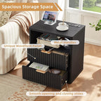 LEYAOYAO Fluted Nightstand with Charging Station, 23" Wide 2 Drawers End Table,Black Night Stand with Open Storage Cabinet, Farmhouse Bed Side Tables, Wood Dresser for Bedroom, Living Room, Closet