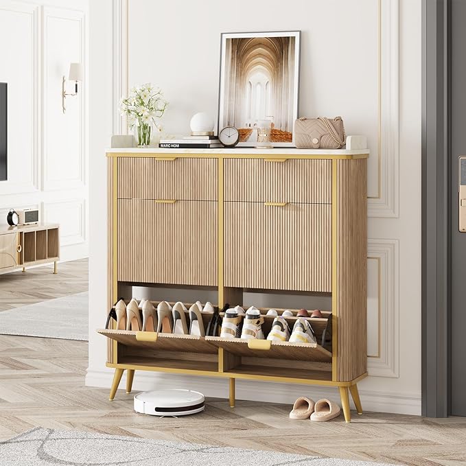 Fluted Shoe Storage Cabinet with 4 Flip Drawers & 2 Drawers, Freestanding Hidden Shoe Organizer with Adjustable Shelves, Wood Narrow Shoe Rack Cabinet for Entryway, Foyer, Hallway, Natural Oak