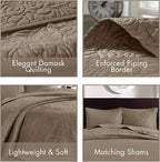 Madison Park Quebec Reversible Quilt Set Damask Design, Double Sided Stitching All Season, Lightweight Bedspread Bedding Set, Matching Sham, Khaki, Queen(102"x118") 3 Piece
