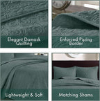Madison Park Bedspread Set Reversible Damask Quilted Oversized Coverlet, Cotton-Filled Quilts Queen Oversized, All Season, Lofty & Warm Bedspread, Quebec, Queen Balsam Green 3 Piece