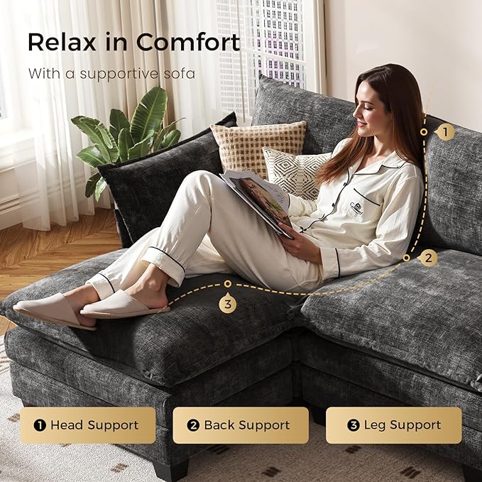KKL Modular Sectional Sofa, J-Shaped 5 Seater Convertible L-Shaped Cloud Couch with Ottoman, Chenille Modern Sectional Couches for Living Room, Apartment Grey