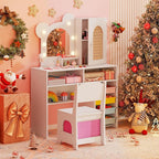 Costzon Kids Vanity with Lights, Girls Vanity Set with Mirror, Storage Drawers, Cabinet & Shelves, Toddler Makeup Vanity Desk Dressing Table, Wooden Kids Vanity Table and Chair Set (White)