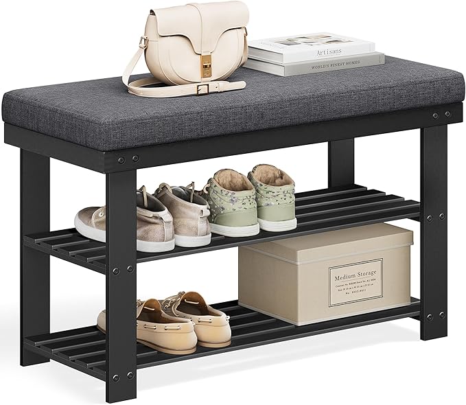SONGMICS Bamboo Shoe Bench, 3-Tier Shoe Rack Organizer for Entryway, Living Room, Bench Seat Holds Up to 300 lb, 11.9 x 28.3 x 19.2 Inches, Ink Black and Slate Gray ULBS604B01