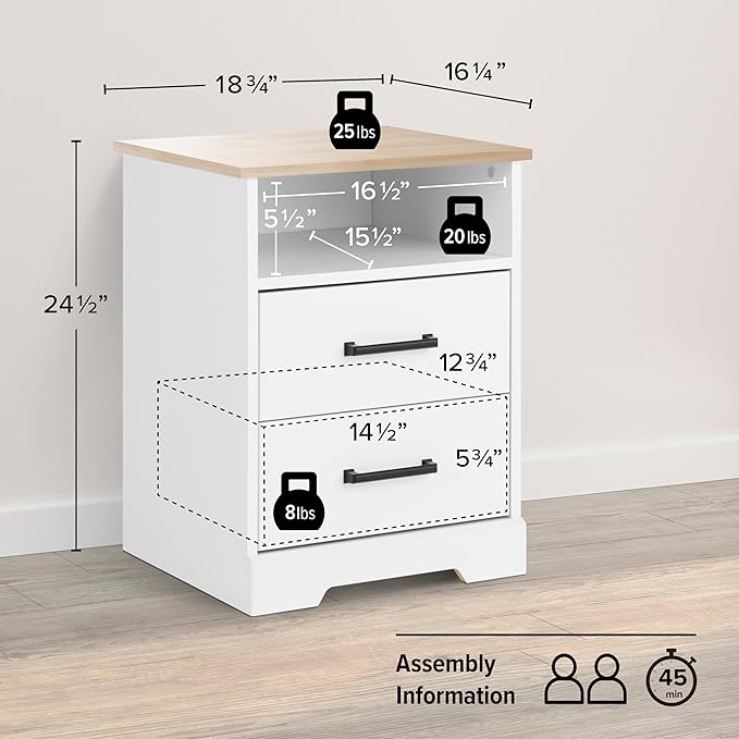 Prepac Rustic Ridge Farmhouse Nightstand Bedside Table, White and Oak Nightstand for Bedroom, End Table with 2 Drawers and Open Shelf 16.25" D x 18.75" W x 24.5" H