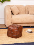 Handmade Eco-Friendly Geometric Leather Pouf Brown Color Square 14" x 14" x 14" Leather Pouf for Living Room, Bedroom Seating, Patio