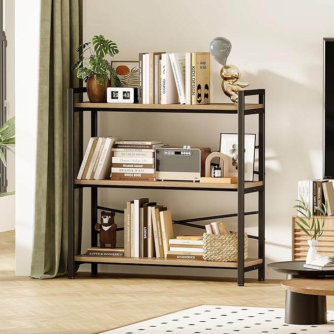 Book Shelf, 3 Tier Bookshelf 31.49" Width, Book Shelf Storage and Organization, Wooden and Metal Industrial Bookcase, Large Book Shelves for Home Living Room Bedroom Office Storage(Light Coffee)