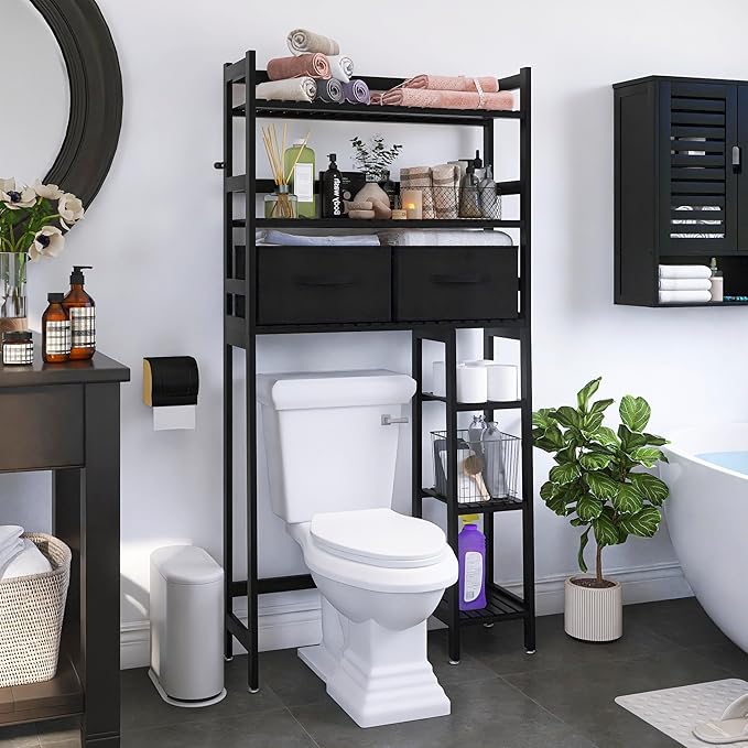 SMIBUY Over-The-Toilet Storage Rack, 6-Tier Bamboo Large Bathroom Organizer with Side Shelves and 2 Drawers, Stable Freestanding Space Saver for Bathroom, Laundry Room(Black)