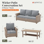 Patio Furniture Set 6 pcs, Wicker Outdoor Patio Furniture, 3-Seat Sofa, 4 Single Chairs and 56" Gas Fire Pit Table, Rattan Patio Conversation Set for Backyard Deck, Grey