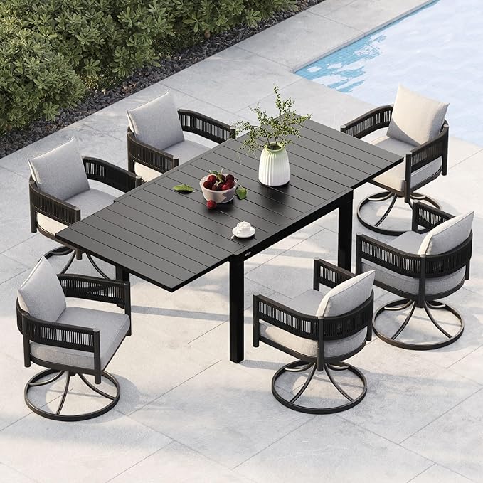 Grand patio 7-Piece Outdoor Dining Set for 6 with 1 Rectangle Expandable Table for 4-6 Person, Metal Woven Wicker Swivel Patio Chairs with Thickened Cushions for Yard, Poolside, Deck (Black)