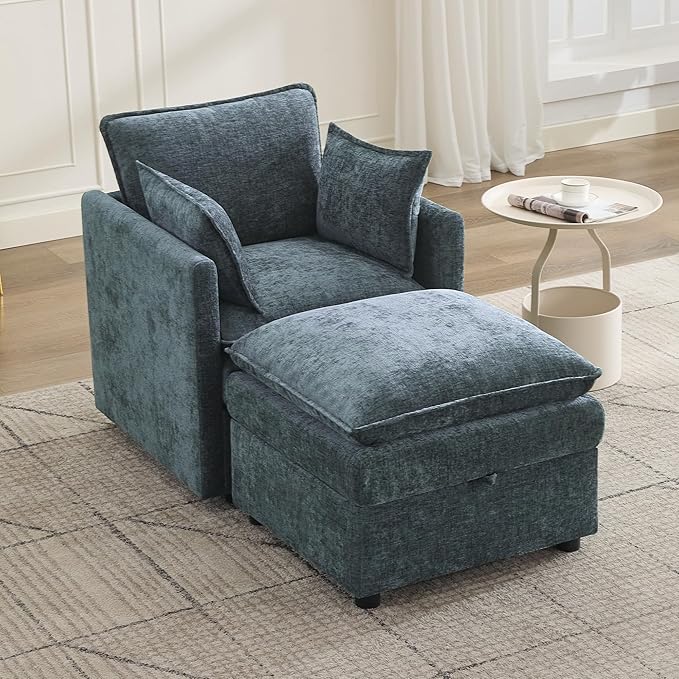 30" Cloud Modular Single Sofa Chair with Storage Ottoman, Modern Upholstered Accent Chair with Storage, Chenille Reading Lounge Armchair for Living Room, Bedroom, Small Space, Blue