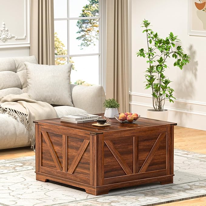 31.5'' Lift Top Coffee Table, Wood Square Farmhouse Coffee Table with Storage, Built in Outlet Center Table for Living Room, Small Spaces, Home