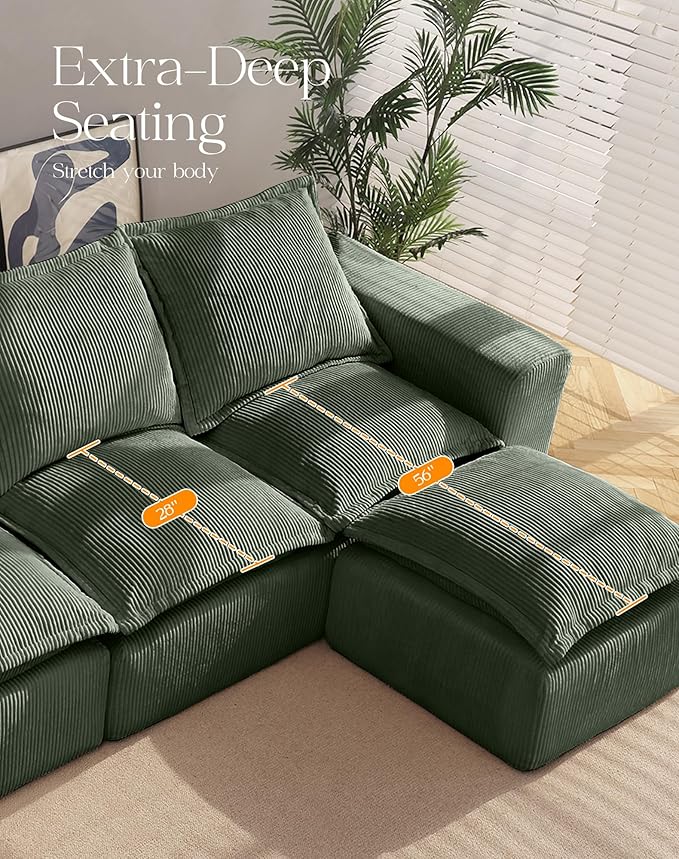 107" Comfy Cloud Couch with L-Shape Chaise & Deep Seat, Modular Sectional Sofa in a Box, Boneless Upholstered Couches for Living Room, No Assembly Required (Soft Corduroy, Green)