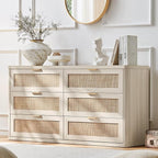 LEYAOYAO Rattan 6 Drawer Dresser for Bedroom Set of 2, Boho 54" Wide White Dresser Chest of Drawers, Dressers TV Stand with Metal Handle, Storage Dressers Closet Organizer for Living Room, Hallway