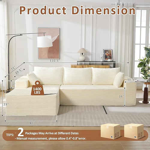 110" Boneless Sectional Couch with Chaise Lounge, Cloud Couch Compressed Sofa L Shape, No Assembly Memory Foam Sofa for Living Room, White Corduroy