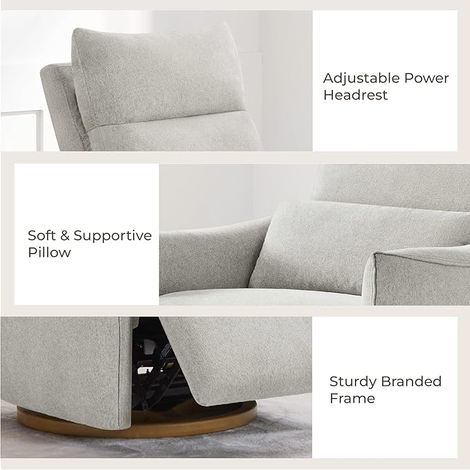 CHITA Swivel Rocker Recliner Chair, Power Nursery Glider Recliner, Nursery Rocking Chair with Adjustable Power Headrest, FSC Certified, Solid Wood Base, Crockery (Gray)