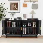 ORRD 4 Doors Storage Cabinet, 2 Tier Wooden Storage Organizer Cabinet with Adjustable Shelf, Sideboard Buffet Cabinets with Iron Curved Doors Accent Shoe Rack for Entryway Hallway Living Room (Black)