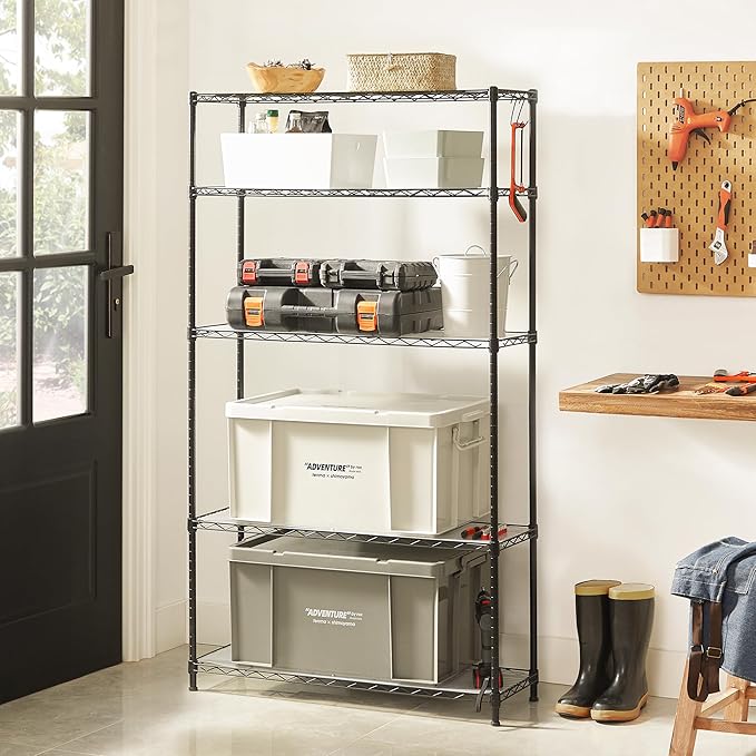 SONGMICS 5-Tier Storage Unit, Wire Shelving, Kitchen Metal Rack With Adjustable Shelves, Shelf Liners, 8 Hooks, for Garage, 11.8 x 35.4 x 63 Inches, Black ULGR095B01