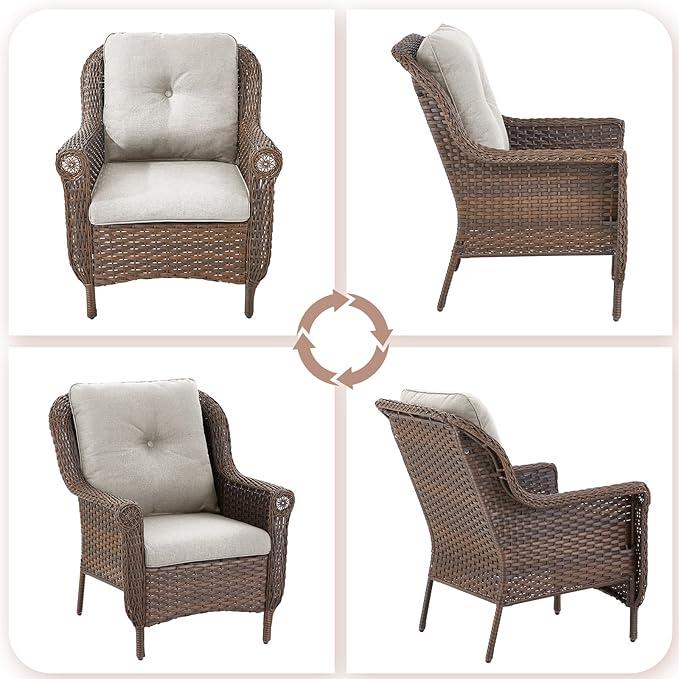 Patio Wicker Chairs Outdoor Furniture Chair - Set of 4 Outside All Weather Lawn Dining Brown Rattan Armchair with High Back&Deep Seating for Deck Porch Balcony Backyard Garden - Beige