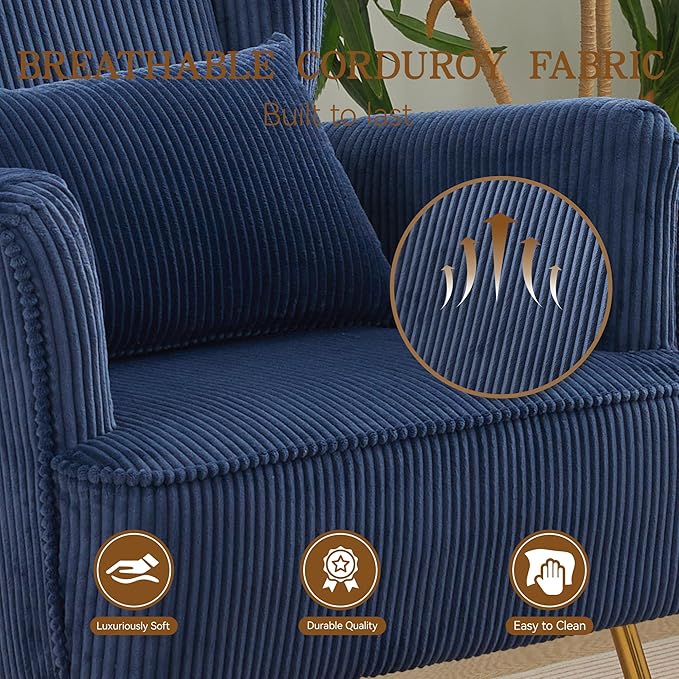 Corduroy Accent Living Room Arm Chair Set of 2 Mid Century Modern Chairs with Pillow & Golden Legs, 8.5" Thick Cushion, Upholstered Comfy Sofa Armchair for Reading Room/Bedroom, Blue