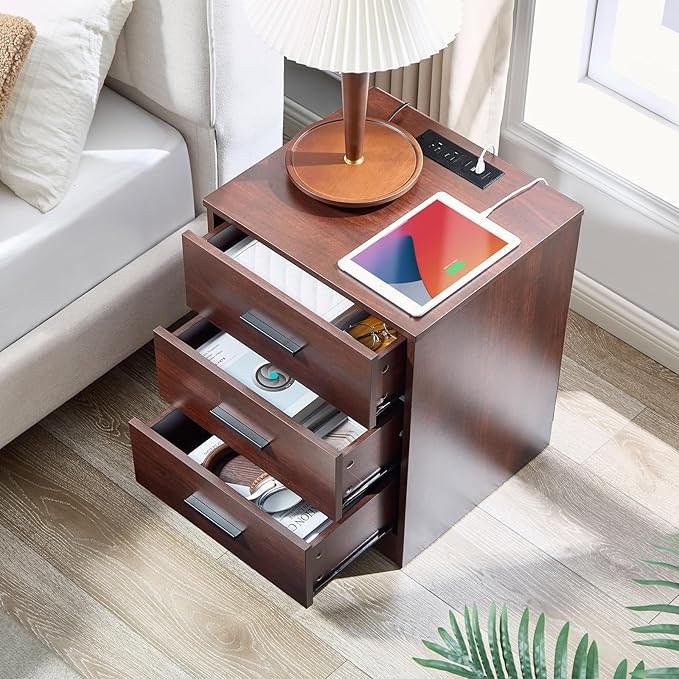 LIDYUK Dark Cherry Dresser for Bedroom, 3 Drawer Dressers & Chest of Drawers, Modern Wood Dresser with Charging Station, End Table Nightstand Bedside Table for Bedroom, Living Room
