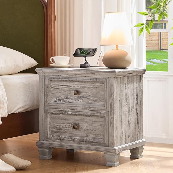 Farmhouse Nightstand Set of 2 for Bedroom, Mid-Century Low Nightstands with 2 Drawers & Charging Station, Vintage Night Stands with 4 Square Solid Wood Legs, Small Dresser for Home, Grey