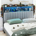 VINGLI Full Size Headboard Only, Adjustable Upholstered Headboard with 2 Tier Shelves and Pegboard with Charging Stations and LED Lights, Modern Bed Headboard with Storage for Bedroom Decor