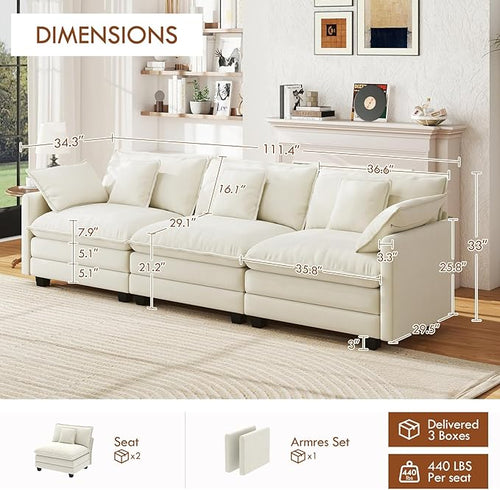 111.4” Cloud Couch Modular Sectional Sofa, Comfy Modern 3-Seater Couches with Pillows & Upholstered Deep Seat Cushion for Apartment Living Room Bedroom （Beige）