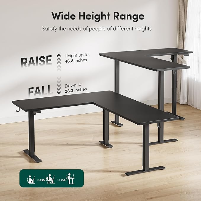 BANTI L-Shaped Standing Desk - 75 x 63 Inch Adjustable Corner Standing Desk with Charging Station - L Shape Sit Stand Table with Memory Controller, Splice Board for Home Office