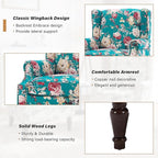 Wingback Accent Chairs Set of 2, High Back Upholstered Armchair, Floral Fabric Wingback Arms Chairs with Retro Solid Wood Legs, Single Sofa Reading Chair for Bedroom Living Room, Peacock Blue