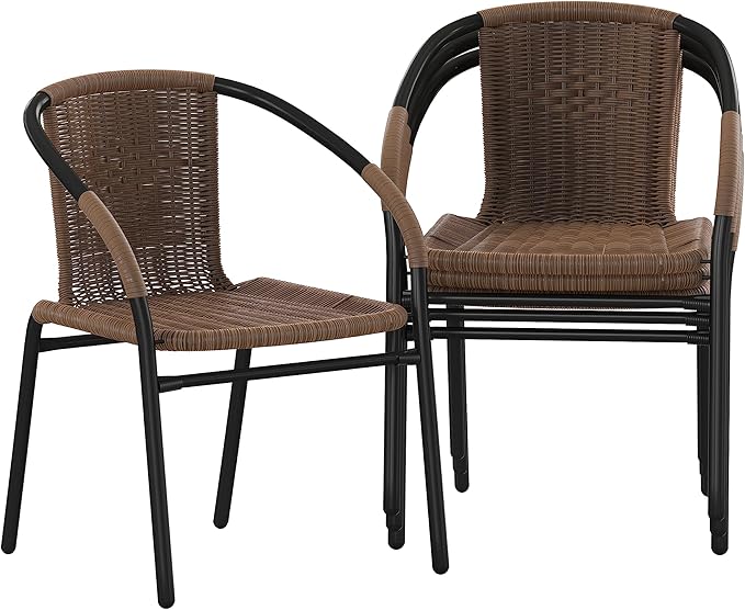 EMMA + OLIVER Set of 4 Modern Rattan Indoor/Outdoor Stack Chairs, Stacking Rattan Patio Chairs with Curved Back and Cross Bracing, Brown