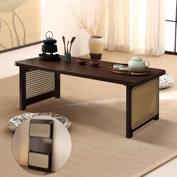 Foldable Japanese Floor Table Lightweight,No Assembly Required, Eco-Friendly Wood,Low Table for Sitting on the Floor, Perfect for Tatami,Meditation,Living Room Use (Walnut Color, 47.24 INCH)