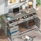 Farmhouse 59'' Executive Desk with Charging Station,Office Desks Computer Desk with 5 Drawers, Wood Workstation for Home Office and Study, File Drawers and Storage Cabinet, Grey
