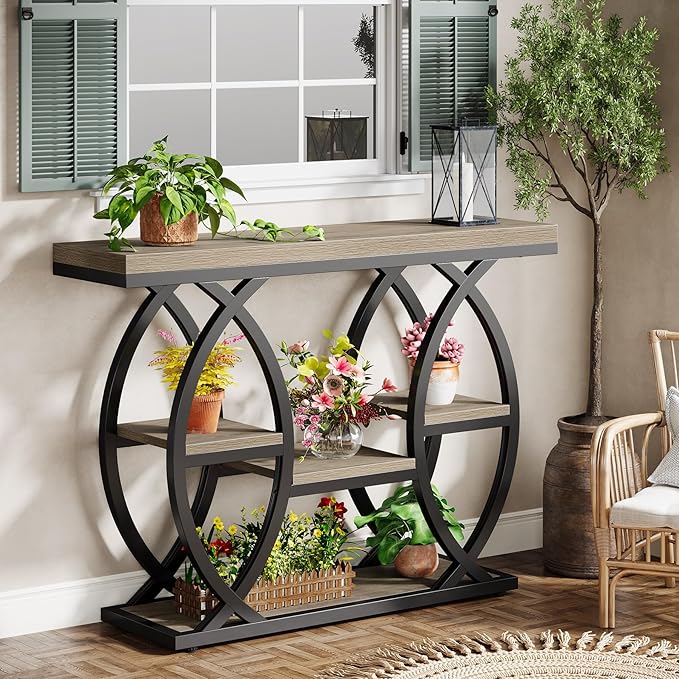 Tribesigns 39.4" Console Table, Industrial 4-Tier Sofa Table Entryway Table with Storage Shelves, Narrow Wood Accent Tables with Metal Frame for Small Spaces, Hallway, Foyer, Grey