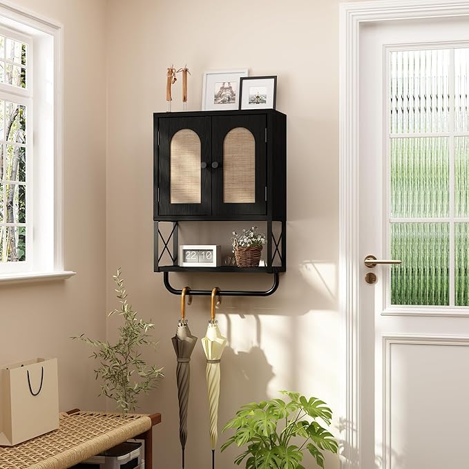 RUSTOWN Rattan Bathroom Wall Cabinet, Boho Over The Toilet Storage Cabinet with Arched Rattan Doors, Modern Medicine Cabinet with Adjustable Shelves & Towel Bar (Black, Small)