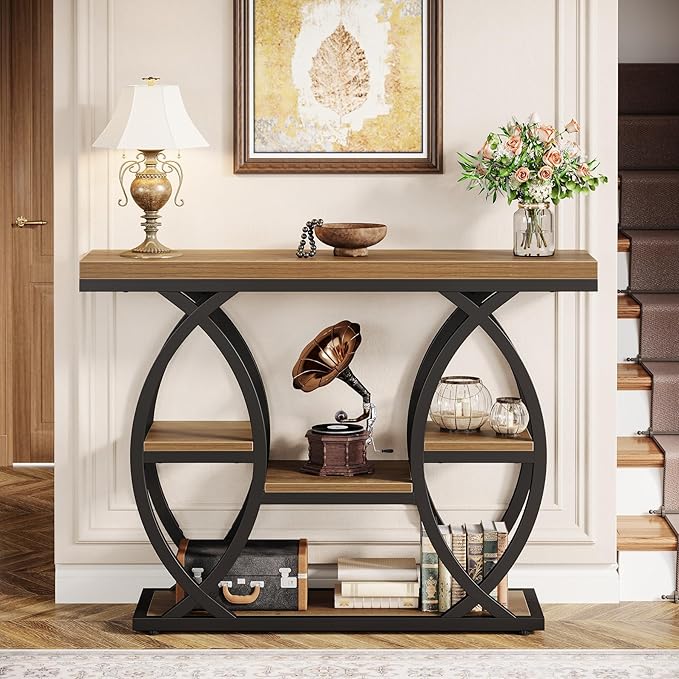 Tribesigns 39.4" Console Table, Industrial 4-Tier Sofa Table Entryway Table with Storage Shelves, Narrow Wood Accent Tables with Metal Frame for Small Spaces, Hallway, Foyer, Brown