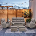 7-Piece Outdoor Wicker Patio Furniture Set with Swivel Glider Chairs, 3-Seat Sofa, Coffee Table & Ottomans 5” Olefin Cushions Ergonomic Neck-Lumbar Backrest All-Weather Rattan for Garden, Deck, Porch