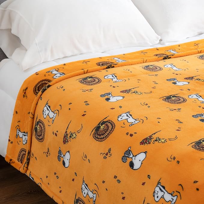 Berkshire Blanket Peanuts® VelvetLoft® Cute Character Snoopy Plush Blanket,Snoopy and Woodstock Fall Birds & Leafs Orange,Full/Queen 90 in x 90 in (Official Peanuts® Product)