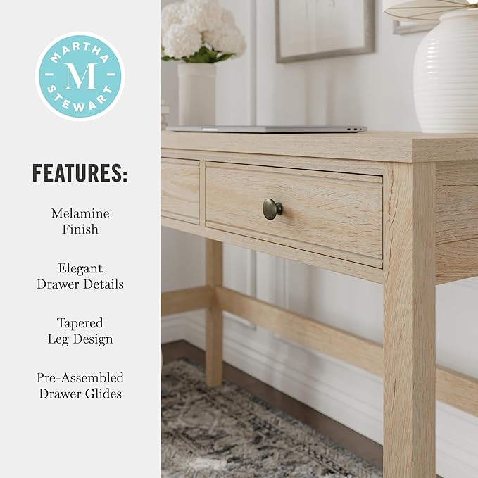 Martha Stewart Rhett Home Office Desk with 3 Drawers and Tapered Legs in Light Natural with Antique Bronze Hardware