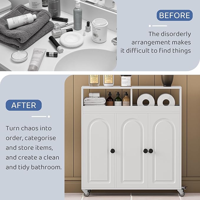 Bathroom Storage Cart with Doors，3-Door Cabinet & Divided Open Shelf，Rolling Organizer Cart for Bathroom, Toilet，White (1)