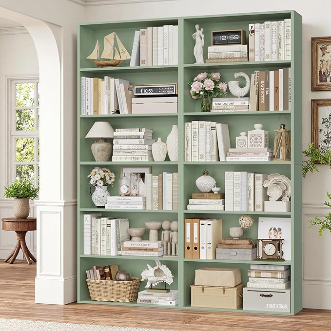 FOTOSOK 70.8" Tall Bookcase Shelf, 6 Tier Wide Bookshelf with Storage, Billy Bookcase Set of 2, Large Bookshelf for Living Room, Home Office,Green