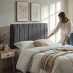 Hearth & Harbor Upholstered Queen Headboard - Easy Assemble Channel Stitched Headboard Queen Size - Wall Mounted Headboards with 3D Soundproof Wall Panels Peel & Stick Floating Headboards, Grey