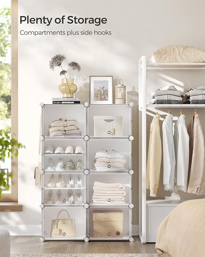 SONGMICS Shoe Rack Organizer, 8-Tier Shoe Storage Cabinet for Closet and Entryway, Holds 32 Pairs of Shoes, Adjustable, Cloud White and Trasparent ULPC034W01