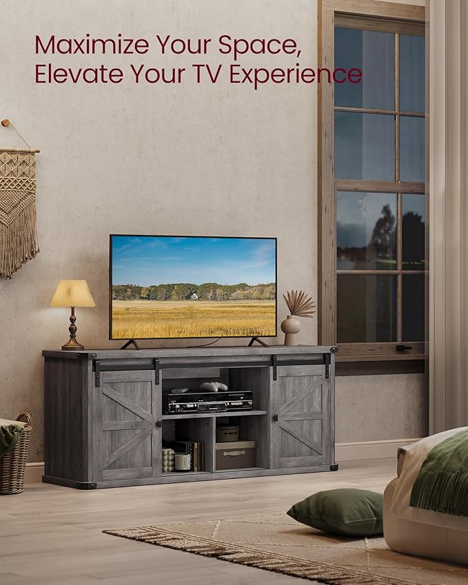 VASAGLE TV Stand for TVs up to 65 Inches, Farmhouse Entertainment Center with Sliding Barn Doors, TV Console Table for Living Room, Misty Gray ULTV324G68