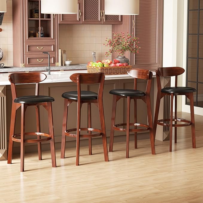 COSTWAY Bar Stool Set of 4, 30.5'' Bar Height Barstools w/Curved Backrest, Faux Leather Cushion & Rubber Wood Frame, Mid Century Modern Island Chairs for Kitchen Bar Cafe, Walnut